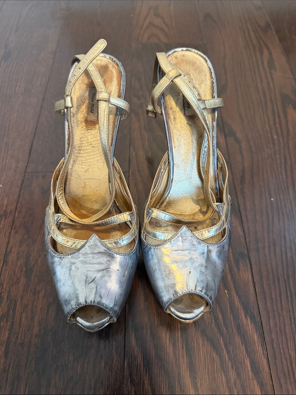 Miu Miu Metallic Peep-Toe Slingback Heels in Gold and Silver